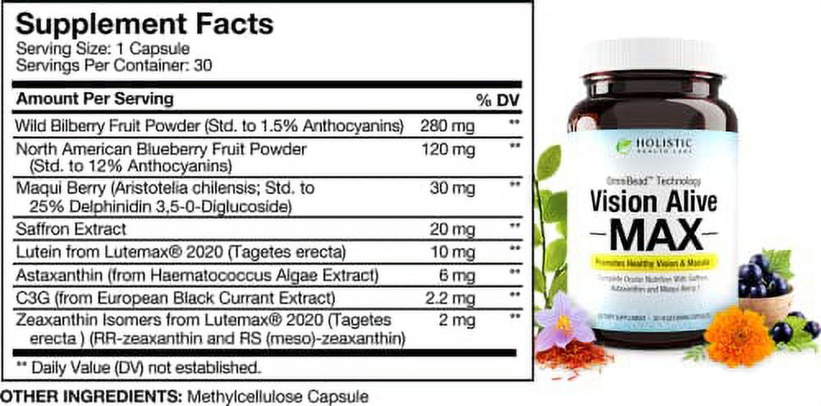 Vision Alive Max with 8 Natural Ingredients Lutemax® 2020, Bilberries, Blueberries, C3G from Black Currant, Maqui Berry, Saffron, and Astaxanthin 30 Vegetarian Capsules