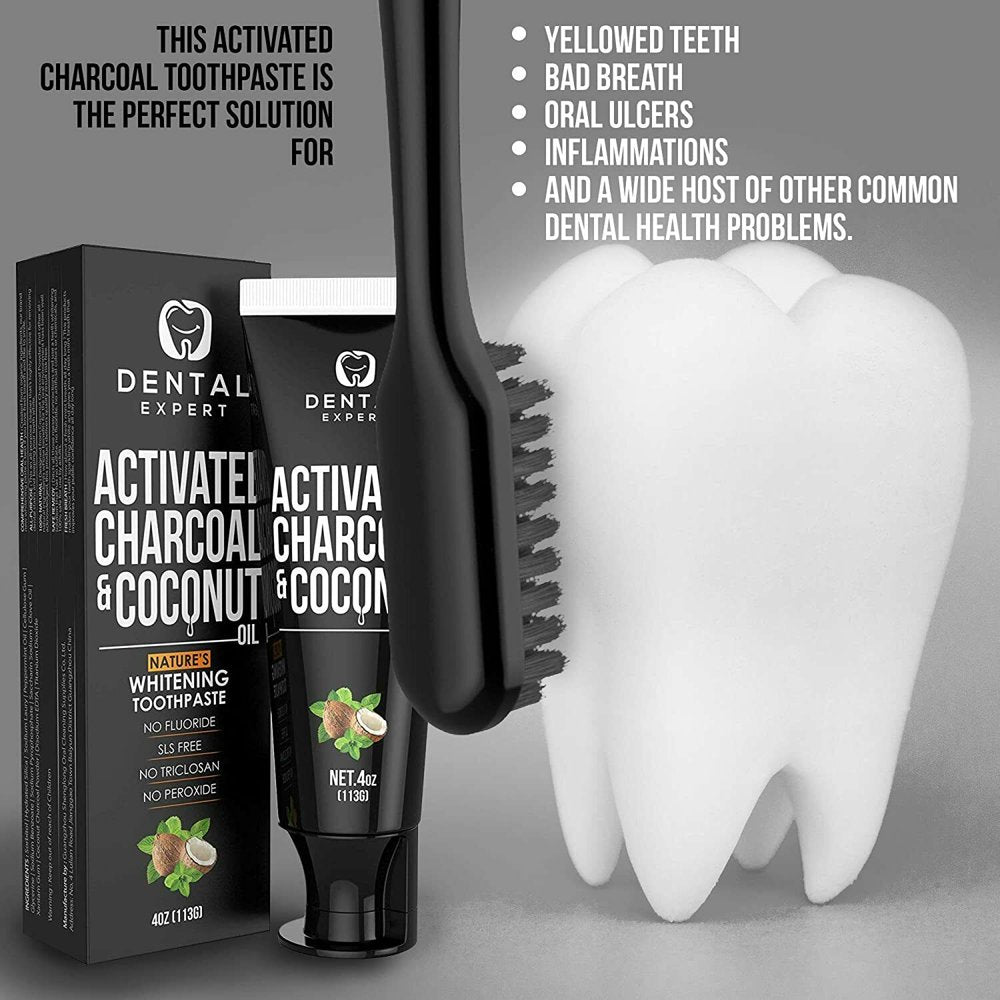 Dental Expert Activated Charcoal Teeth Whitening Toothpaste [Coconut Oil] Kids & Adults - Destroys Bad Breath - Best Natural Activated Vegan Black Tooth Paste Whitener