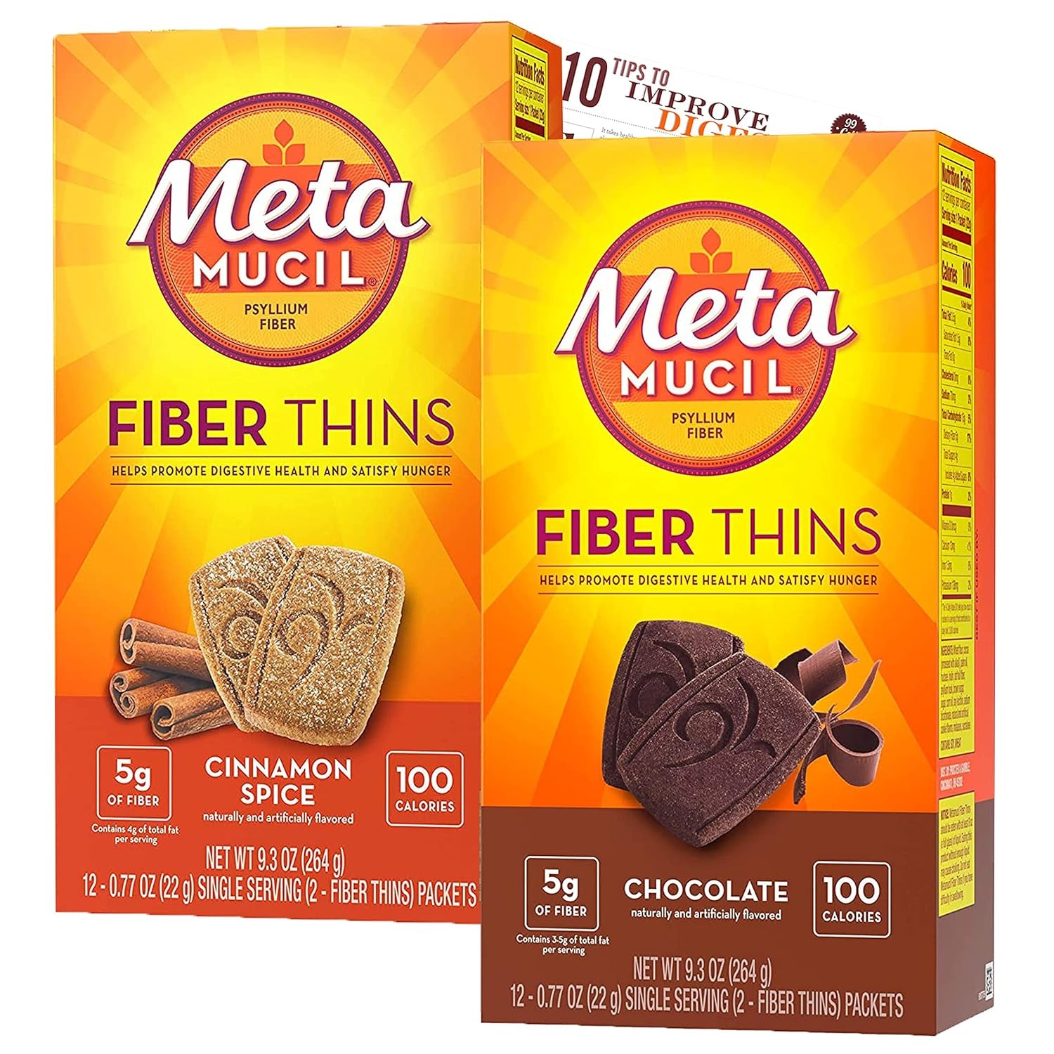 Metamucil Fiberthins Fiber Supplement with Bleam Digestive Health Support Tip Card Psyllium Fiber Bars - 12CT Cinnamon Spice & 12CT Chocolate - Set