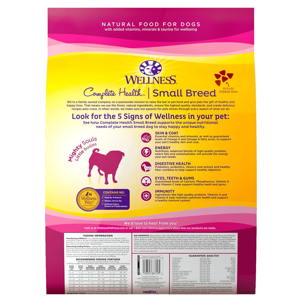 Wellness Complete Health Natural Dry Small Breed Healthy Weight Dog Food, Turkey & Rice, 12-Pound Bag