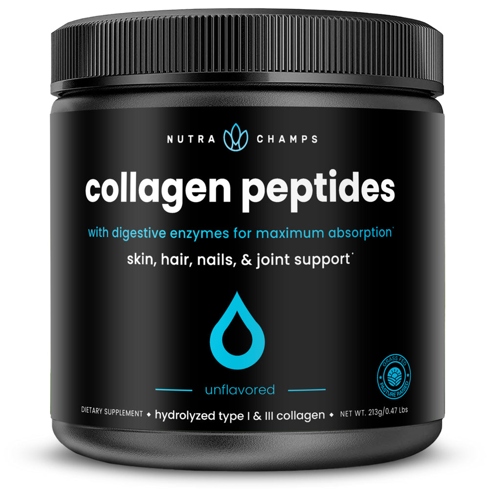 Nutrachamps Collagen Peptides Powder - Enhanced Absorption, Double Hydrolyzed, Grass Fed, Keto Protein Powder with Vitamin C - Supplement for Hair Growth, Skin, Nails, Joints & Bones