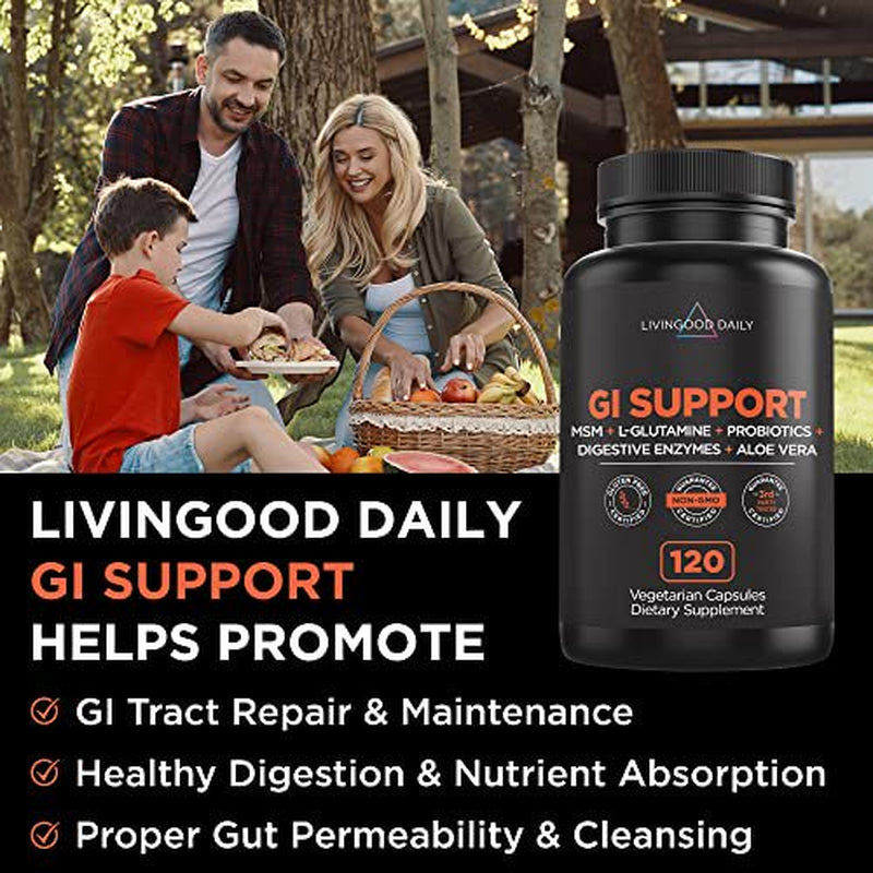 Livingood Daily GI Support - Leaky Gut Repair Supplements - 1000Mg L Glutamine with MSM, Probiotics, Digestive Enzymes, Ox Bile, and Slippery Elm - Gut Health Supplements for Women & Men, 120 Capsules