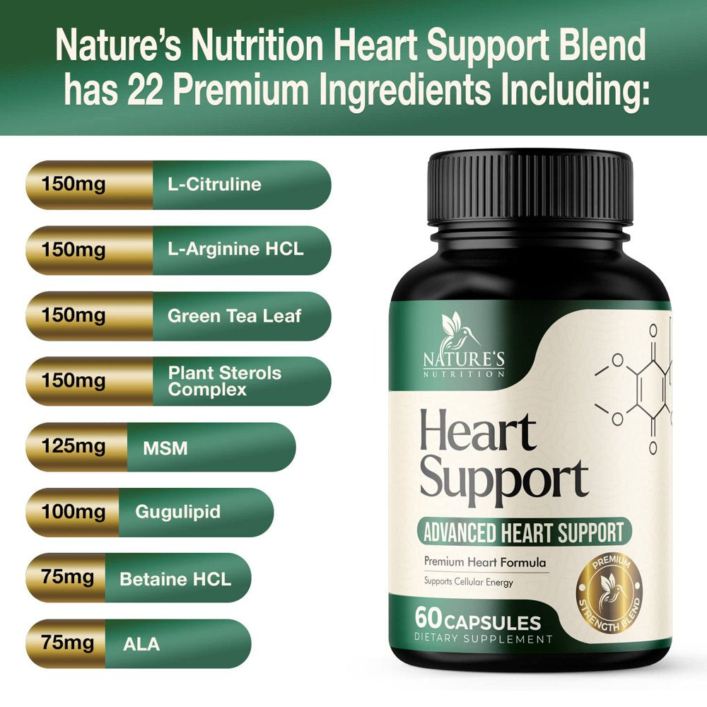 Heart Supplements 1650Mg for Heart Health Support with Coq10, L-Arginine, Magnesium, Hawthorn - 22 Natural Heart Vitamins & Extracts to Support Nitric Oxide & Energy Production, and More - 60 Capsules