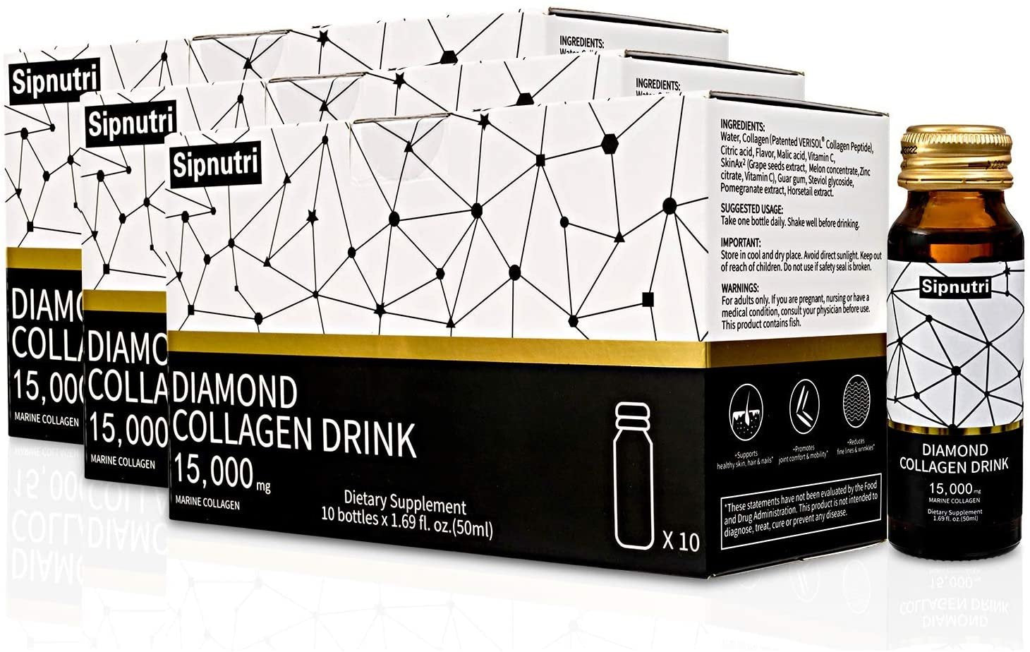 Sipnutri Diamond Liquid Collagen Drink 15000Mg Marine Collagen - Enhanced with Fish Oil Peptide, Vitamin C, and Antioxidants for Optimal Skin Health 50Ml X 10 Bottles 3 Boxes