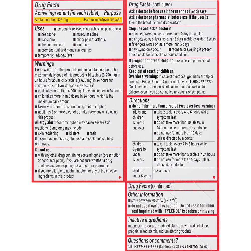 Tylenol Regular Strength Tablets with 325 Mg Acetaminophen, 100Ct