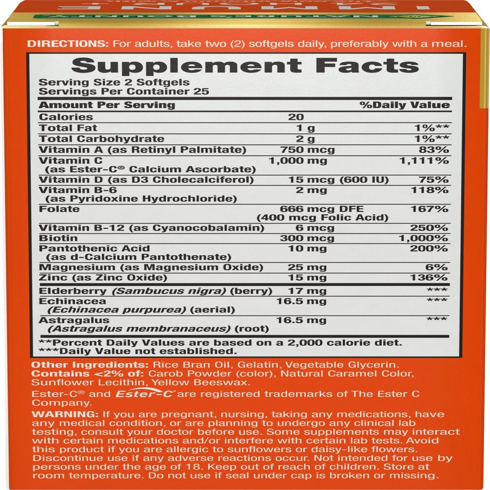 Nature'S Bounty Immune 24 Vitamin C, D & Zinc for Immune Support, 1000 Mg Softgels, 50 Count