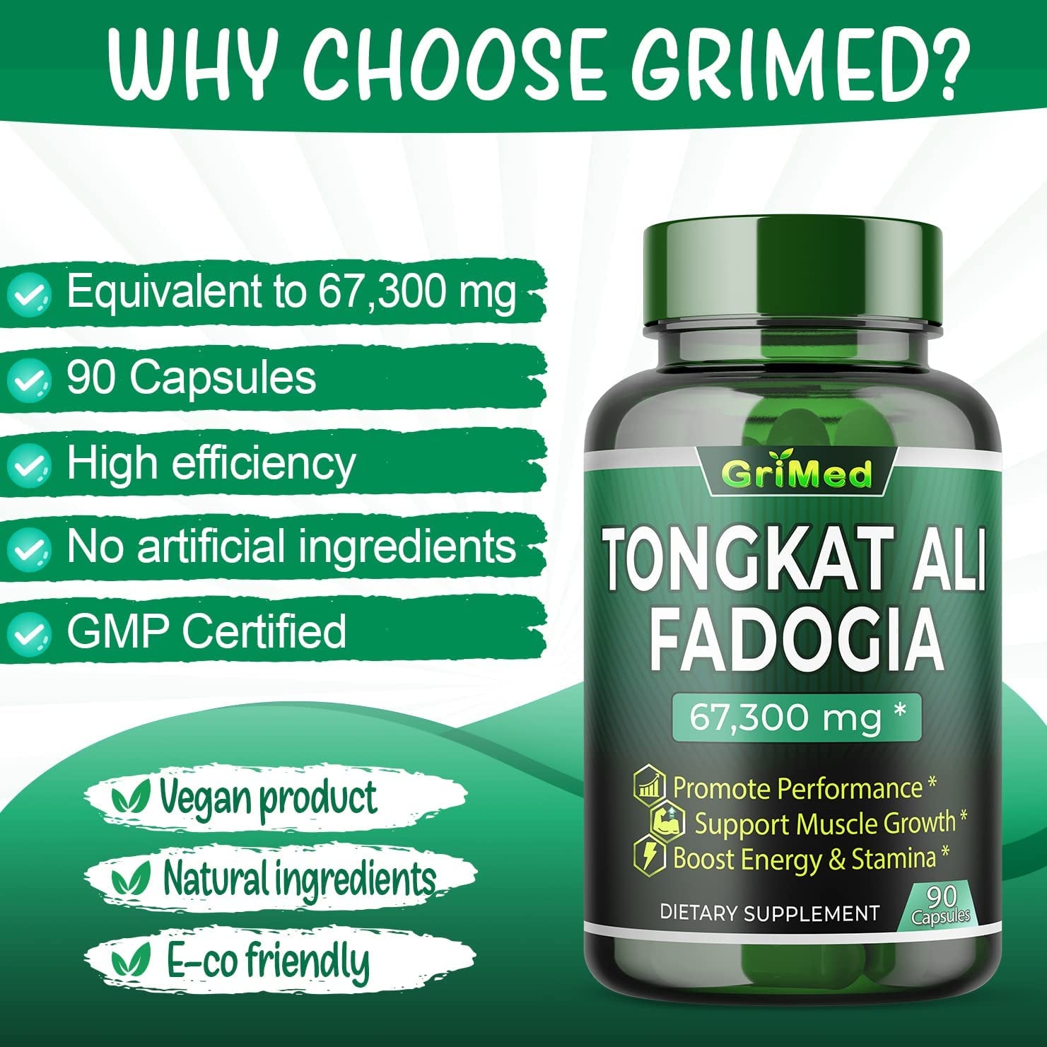 Grimed 67300Mg 200X Concentrated Extract Tongkat Ali + Fadogia Agrestis - Performance Energy Support with Turkesterone, L-Arginine, L-Citrulline (90 Count (Pack of 1))