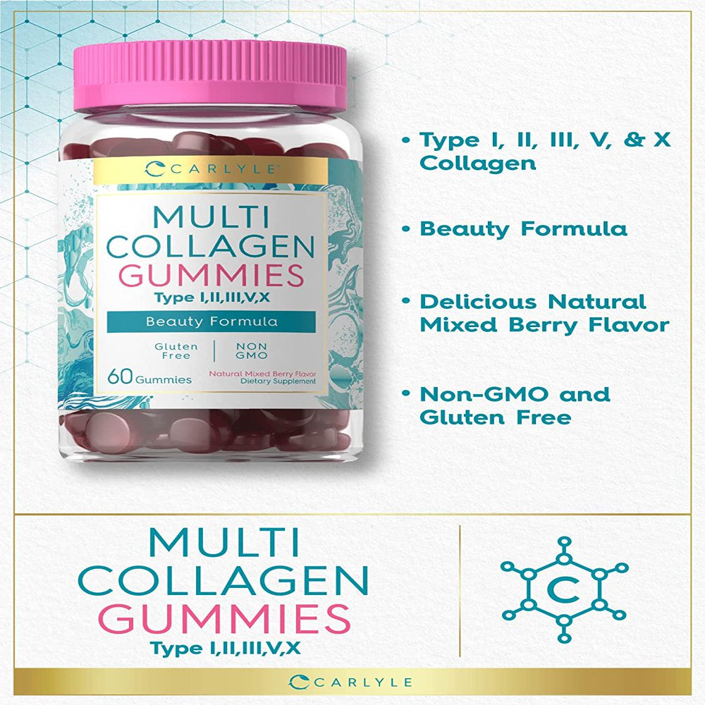 Collagen Gummies | 60 Count | Multi Collagen Complex | Beauty Formula Supplement | Mixed Berry Flavor | Non-Gmo, Gluten Free | Carlyle