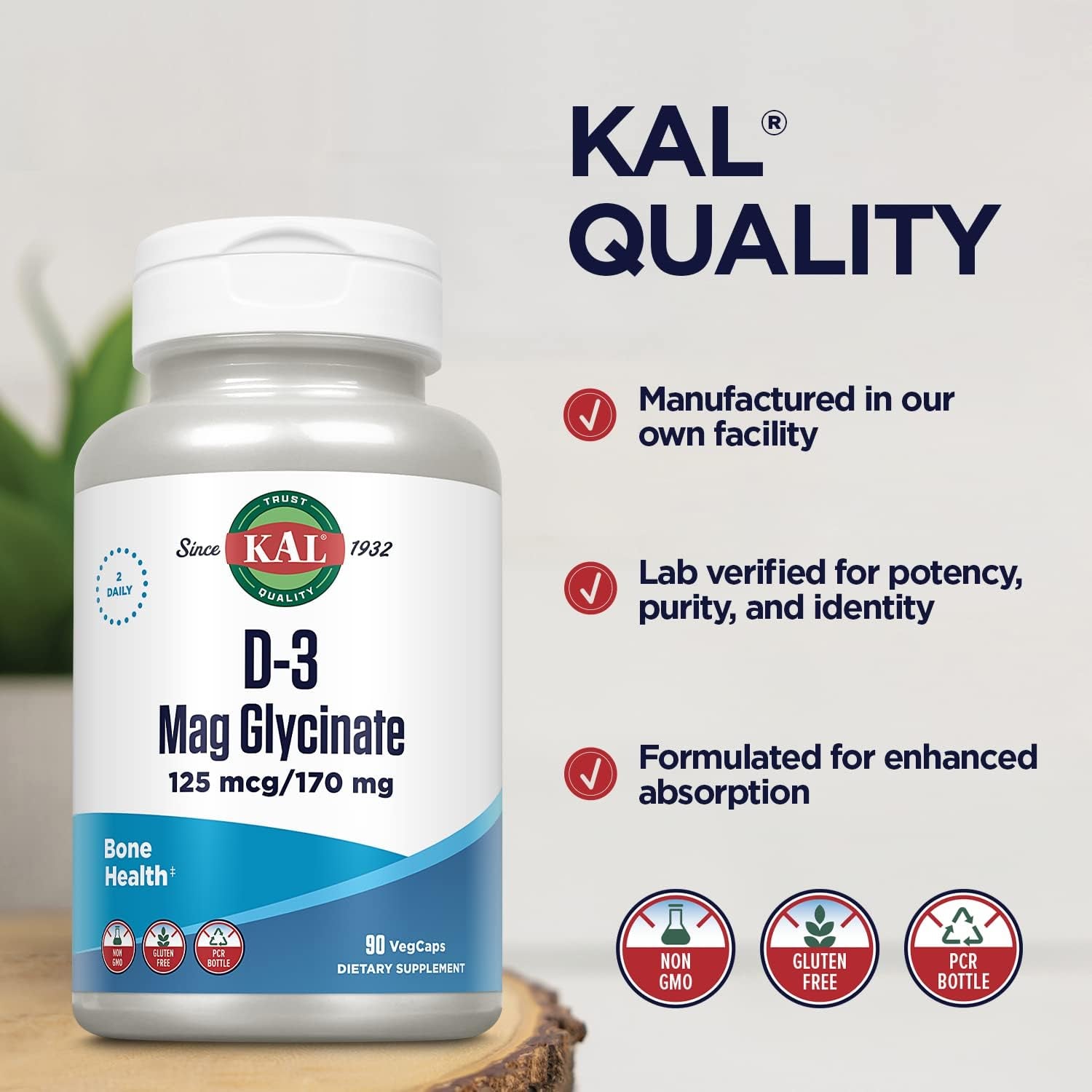 KAL Vitamin D3 & Magnesium Glycinate, Enhanced Absorption Formula with Bioperine, Muscle & Bone Health Support, Immune Support & More, Non-Gmo, Gluten Free, 45 Servings, 90 Vegcaps