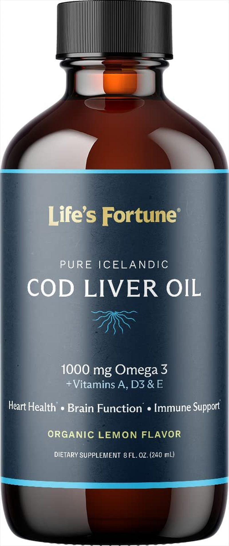 Life'S Fortune Cod Liver Oil Liquid Organic Lemon Flavor (8 Oz) 1,000 Mg Omega + Vitamin A, E & D3 - Supports Immune Health - 100% Fish Oil Supplement from Wild Ocean Cod-Gmo Free