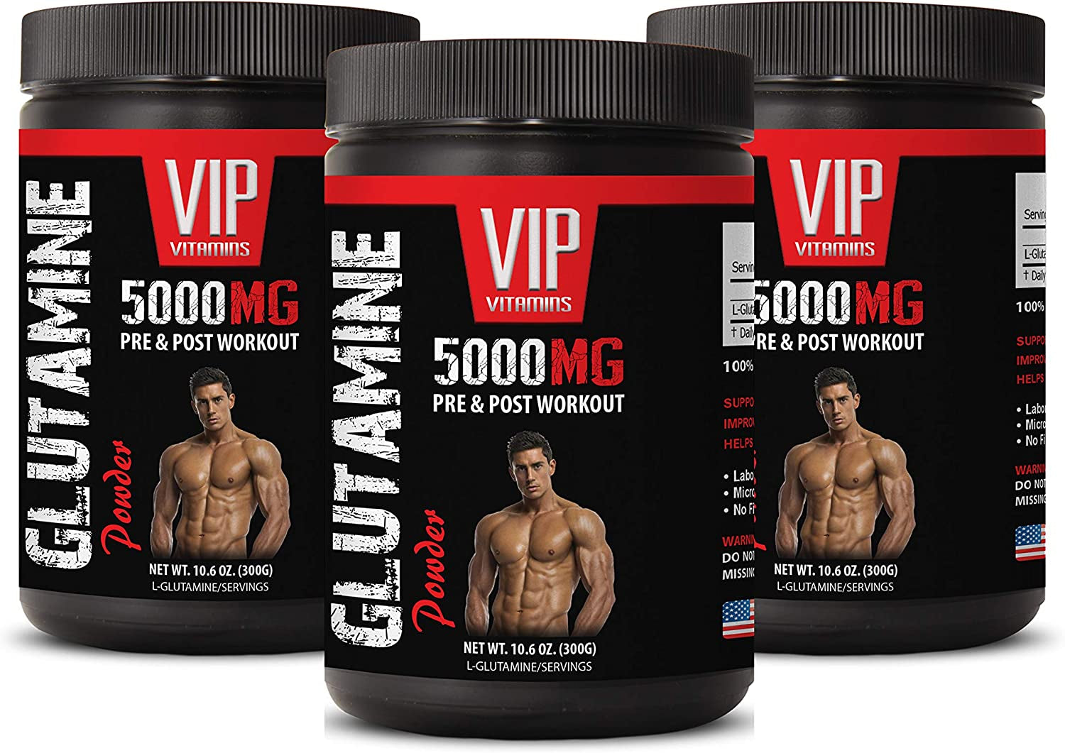 VIP VITAMINS Pre-Workout All Natural - GLUTAMINE Powder 5000MG, PRE & Post Workout - Post Workout Powder for Men, 3 Cans 900 Grams