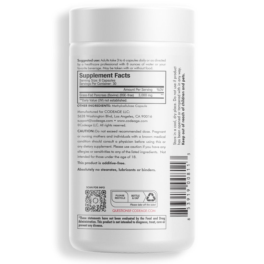 Codeage Grass-Fed Beef Pancreas, Grass-Finished, Pasture-Raised, Non-Defatted Glandular Supplement, 180 Ct
