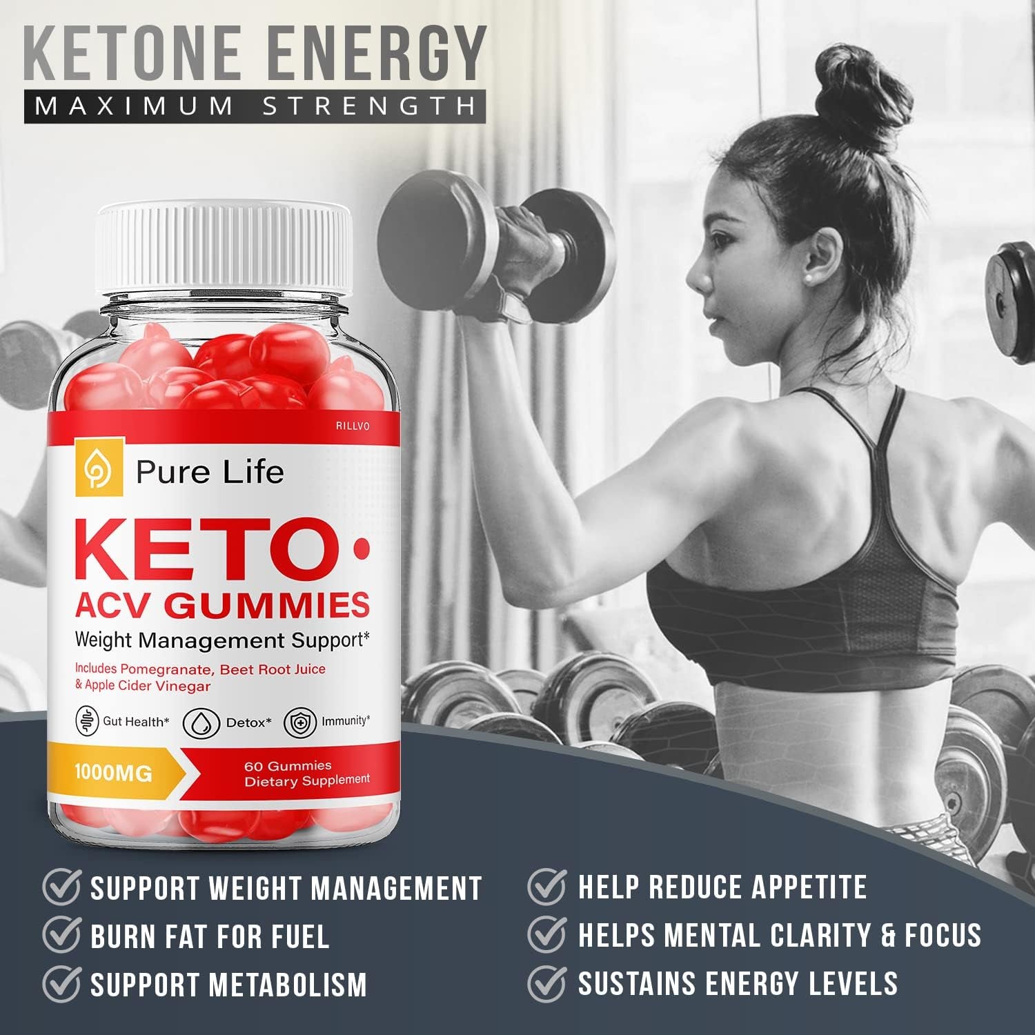 Rillvo Pure Life Keto ACV Gummies - Advanced Formula Shark Pure Life Keto Apple Cider Vinegar Gummies Tank 1000Mg (60 Gummies), 0.222 Kilograms, 60.0 Count, 1