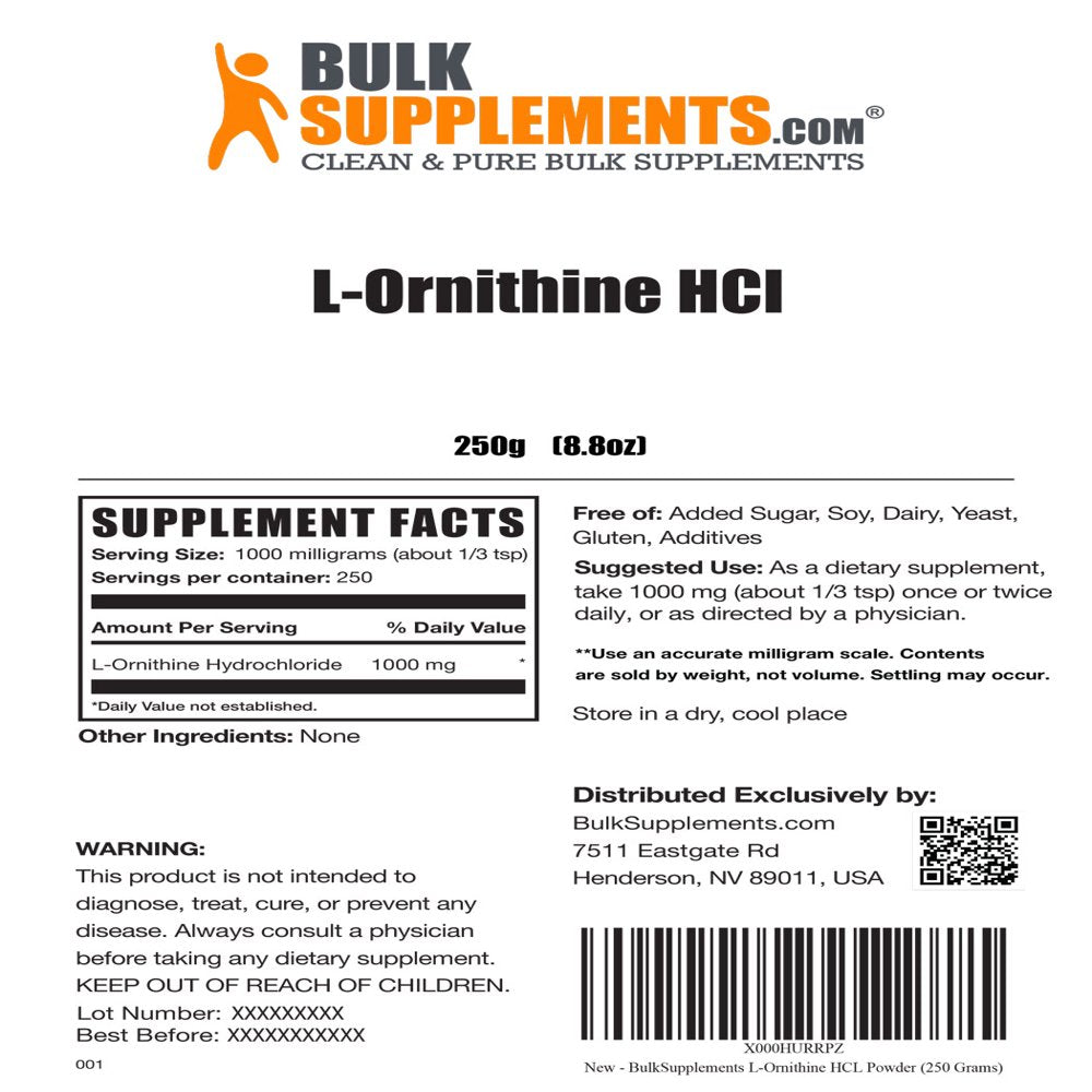 Bulksupplements.Com L-Ornithine Hcl Powder - Amino Acids Supplement - Lung Support - Amino Acids Soy Free (250 Grams - 8.8 Oz)