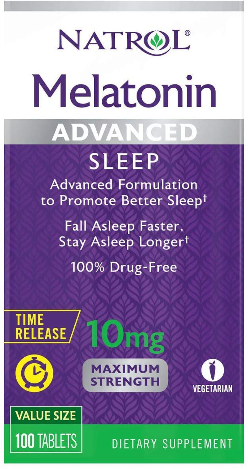 Natrol Melatonin Advanced Sleep Tablets with Vitamin B6, Helps You Fall Asleep Faster, Stay Asleep Longer, 2-Layer Controlled Release, 100% Drug-Free, Maximum Strength, 10Mg, 100 Count