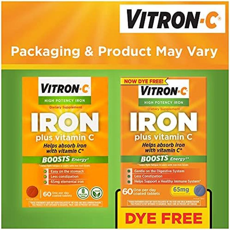 Vitron-C High Potency Iron Supplement with 125 Mg Vitamin C, Dye Free, Vegan, Gluten Free, 60 Count