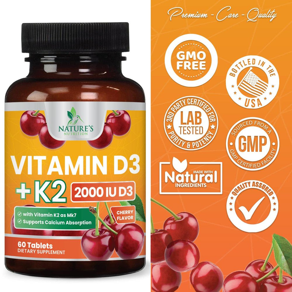 Vitamin D3 K2 as MK-7 with 2000Iu of D3 & 75Mcg K2, Vitamin K2 D3 Bone Strength Supplements Support Calcium Absorbtion for Teeth & Bone Health + Muscle & Immune Health Support - 60 Chewable Tablets