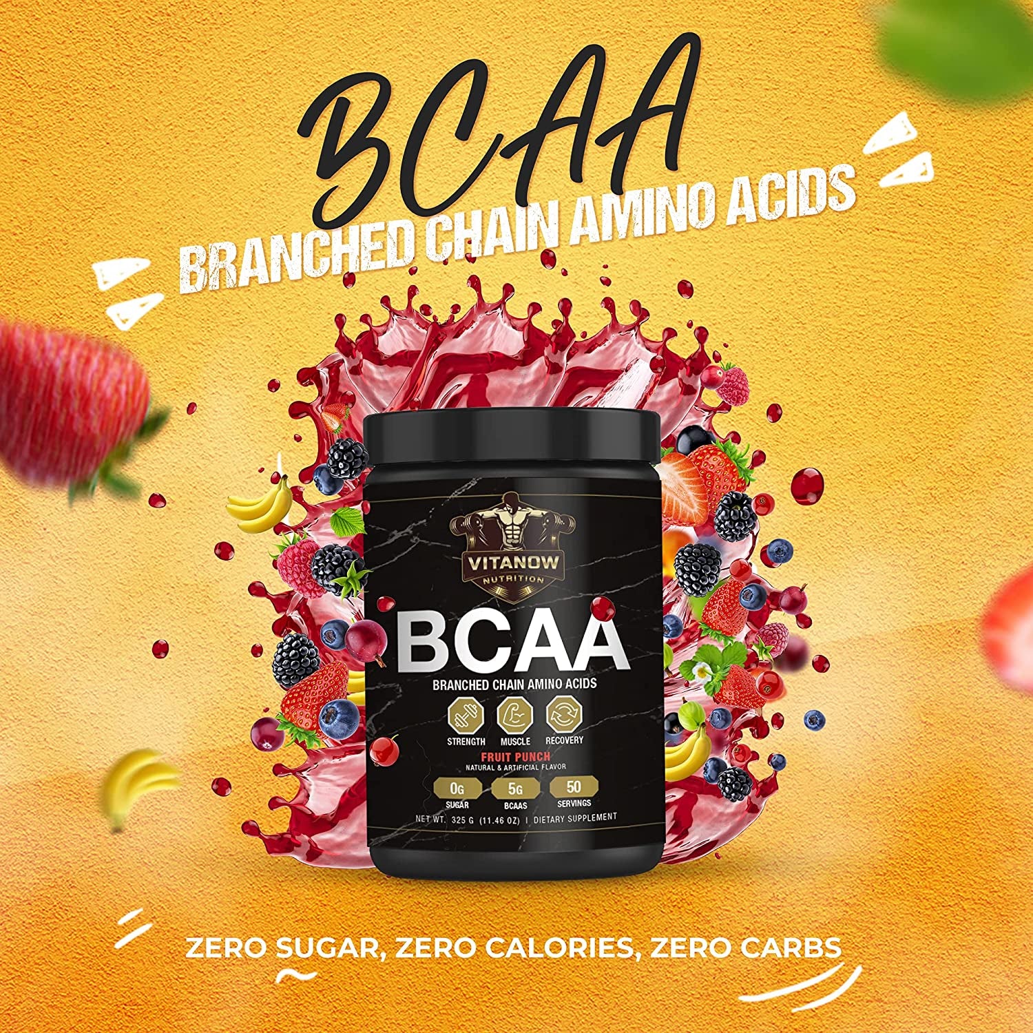 VITANOW NUTRITION BCAA (Branched Chain Amino Acids), Sugar Free, Supports Muscle Building, Vegan Bcaas, 325G, 50 Servings (Fruit Punch)