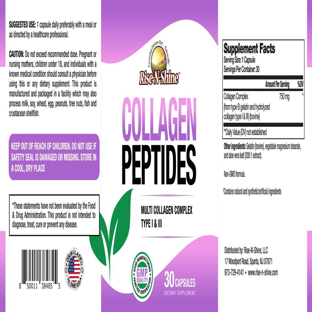 Rise-N-Shine Collagen Peptides, Beauty Supplement, Type I & Type III Hydrolyzed Collagen, 30 Ct