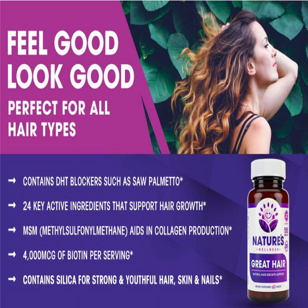 Great Hair Supplement - Natural Hair Growth Vitamins for Healthier Hair - Potent DHT Blocker to Reduce Thinning & Hair Loss - All Hair Type, Women & Men - Biotin, Saw Palmetto +22 More! - 60 Tablets