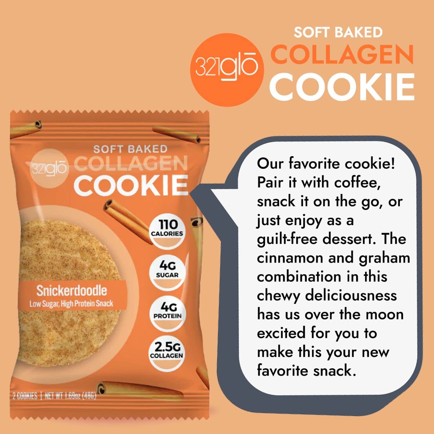 321Glo Collagen Cookies | Soft Baked, High Protein Cookies | Low Carb, Low Sugar | Keto Snack for Women, Men, & Kids | 12 Pack (Snickerdoodle)