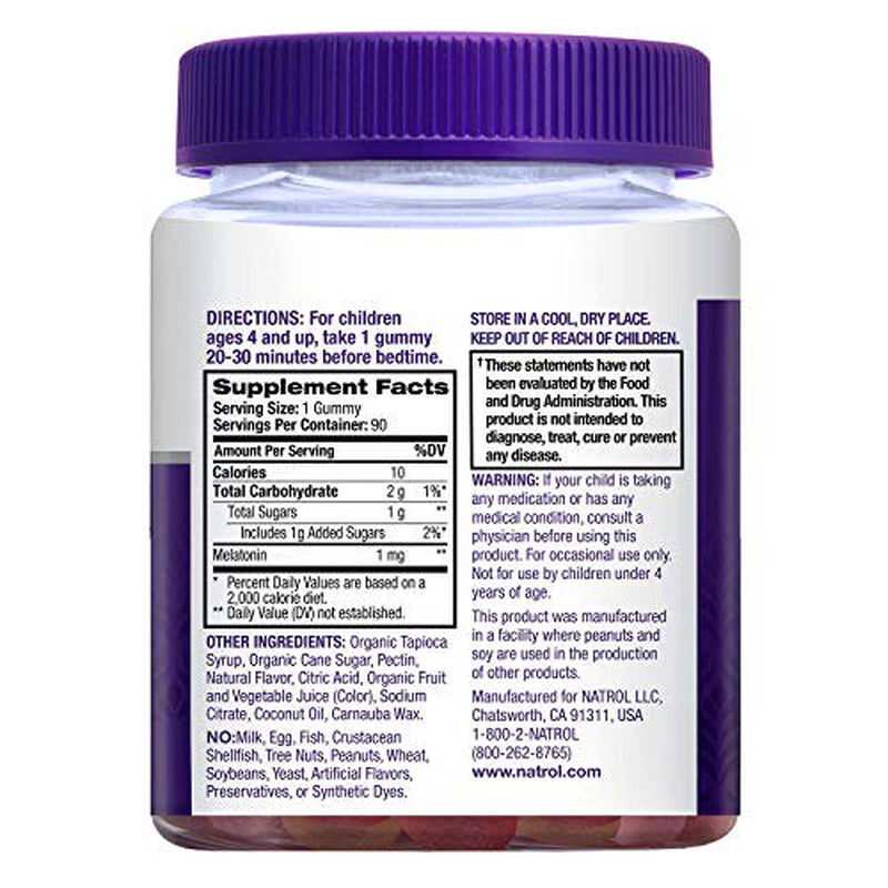 Natrol Kids Melatonin Sleep Aid Gummy, Fall Asleep Faster, 100% Drug-Free and Gelatin Free, Non-Gmo, for Ages 4 & Up, 1Mg, 90 Berry Flavored Gummies