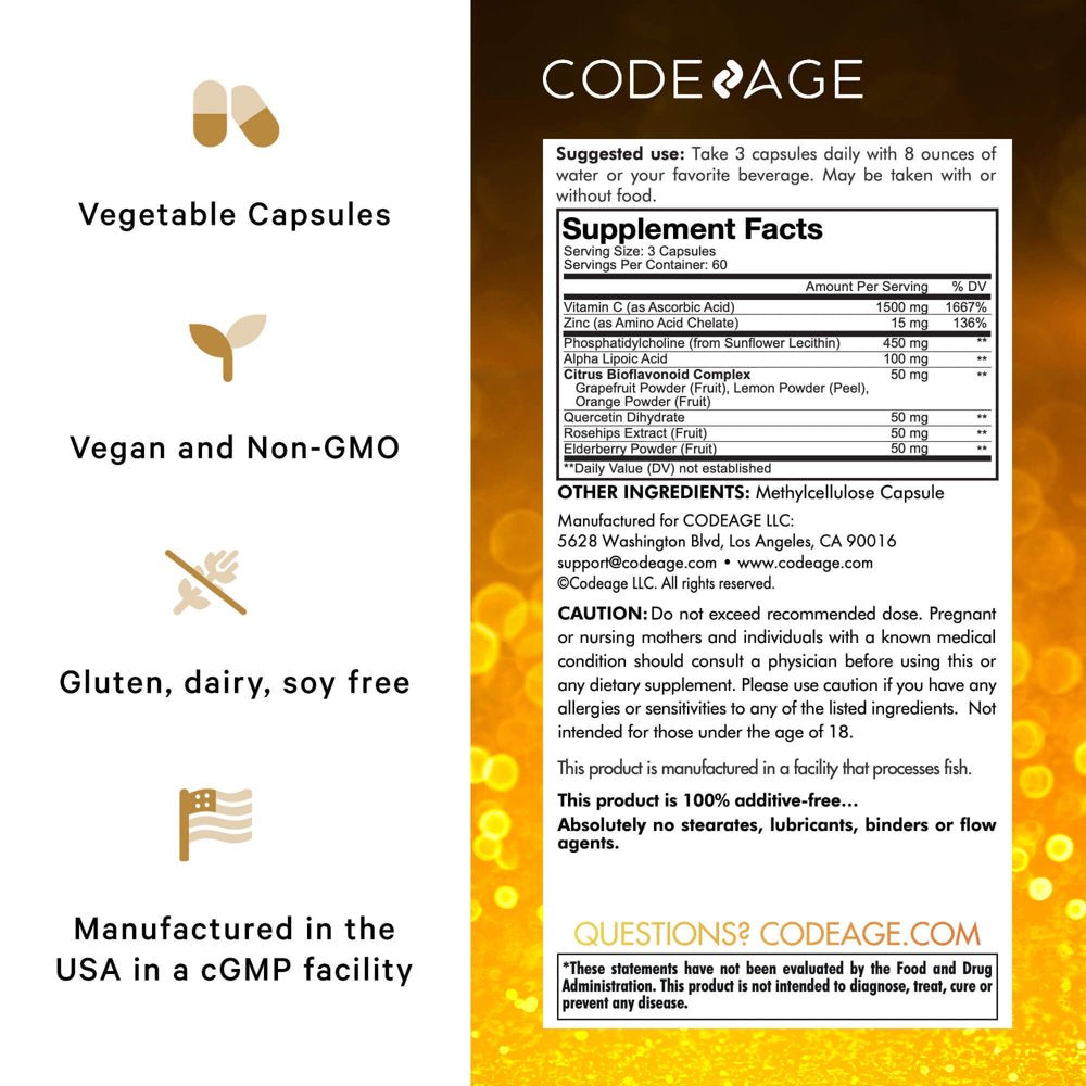 Codeage Liposomal Vitamin C 1500Mg, Zinc, Elderberry, Citrus Bioflavonoids, Quercetin & Rose Hips, 180 Ct