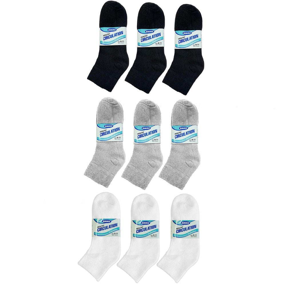 9 Pairs Diabetic Ankle Quarter Crew Circulatory Socks Health Fit 9-11 Women Mens