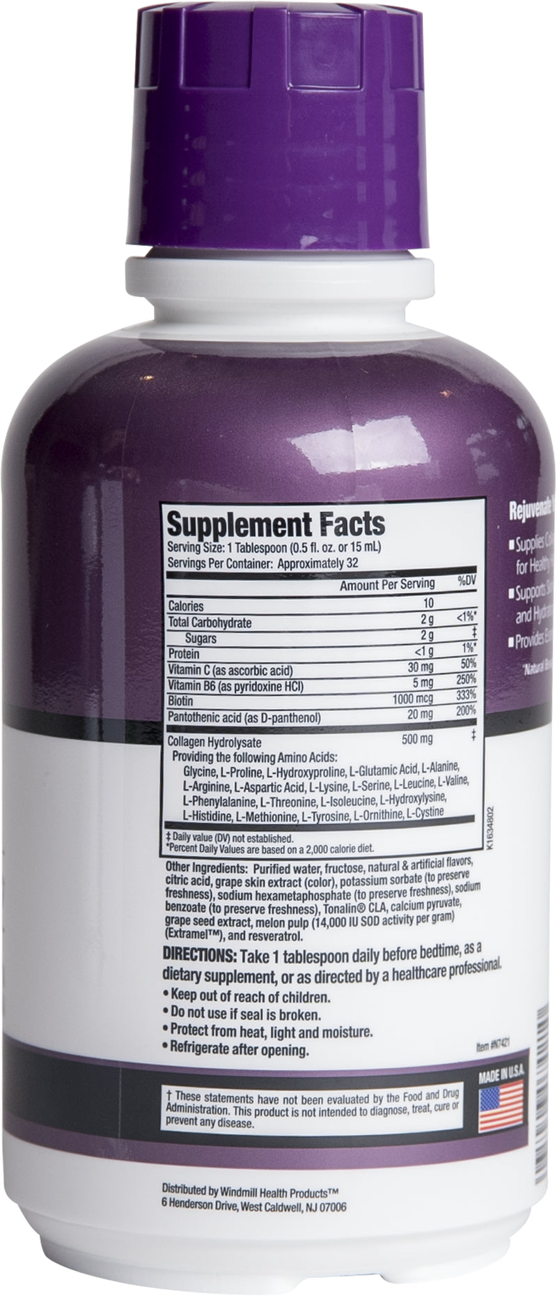 Rejuvicare Liquid Collagen Beauty Formula with Amino Acids, Protein and Biotin, Delicious Grape Flavor, 32 Servings