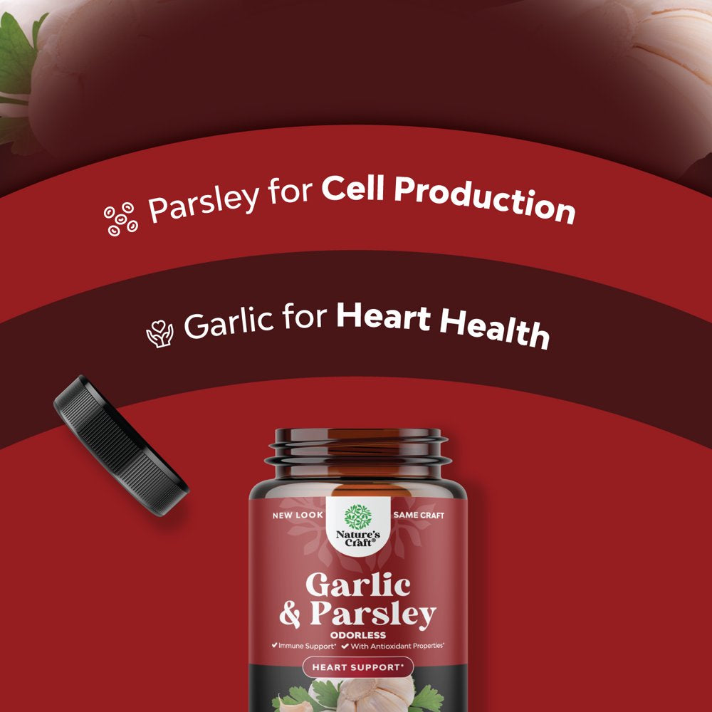 Super Concentrated Odorless Garlic Supplement - No Smell Easy to Swallow Antioxidant Garlic Pills for Immune Support and Heart Health - Odorless Garlic Softgels with Parsley Non GMO and Gluten Free