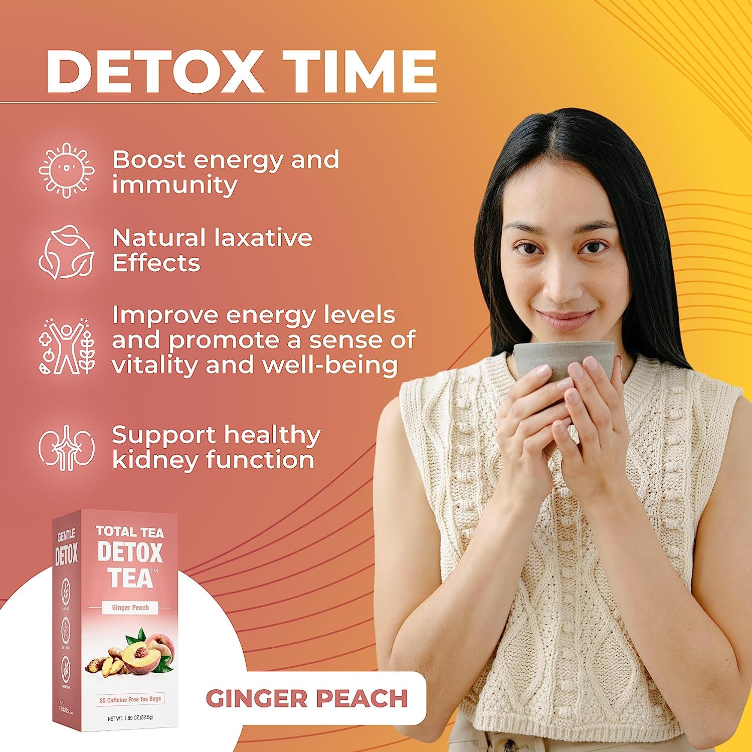 Total Tea Siimming Detox Tea Caffeine Free - 25 Day Detox Tea - Herbal Siim Tea with Chamomile, Hibiscus Tea & Ginger Root for Colon Cleanse – Natural Herbal Ginger & Peach Tea for Digestive Health