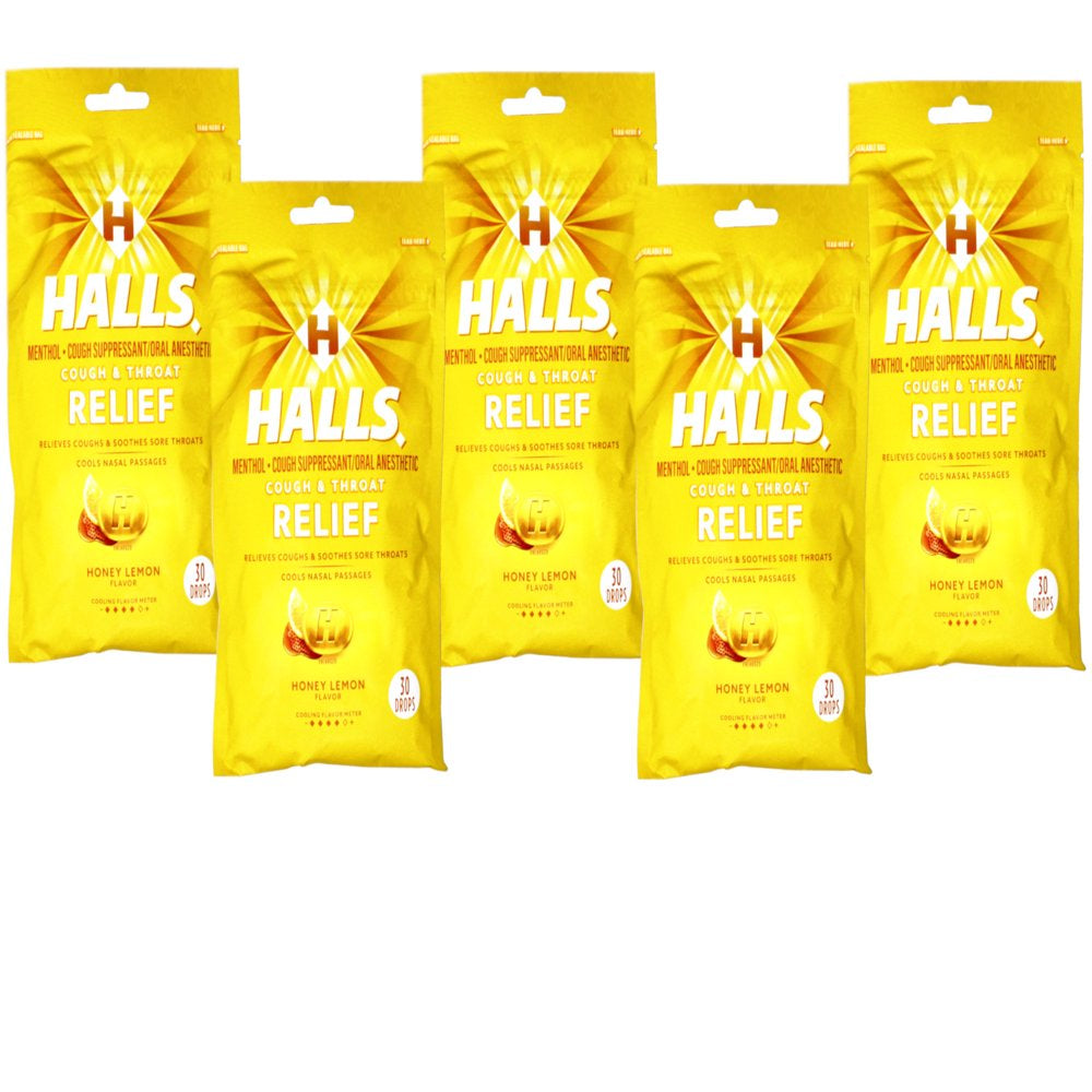 5 Pack Halls Mentho-Lyptus Drops Honey-Lemon Cough Suppressant 30 Each