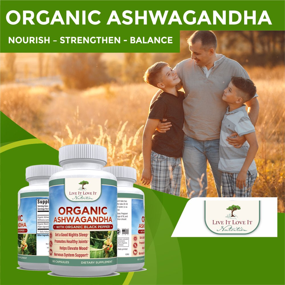 Live It Love It Organic Ashwagandha Capsules 1300Mg, Dietary Supplement Vegetarian Capsule (60 Caps)