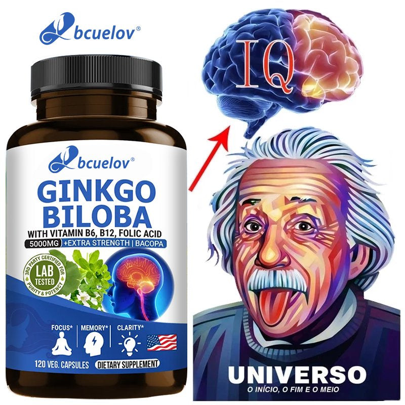 Ginkgo Biloba Supplement - with Vitamins B6 B12 - Standardized Extract 24% Ginkgo Flavonoid Glucosides 6% Terpene Lactones - Brain Memory Mental Clarity Alertness Energy Mood-60Capsules