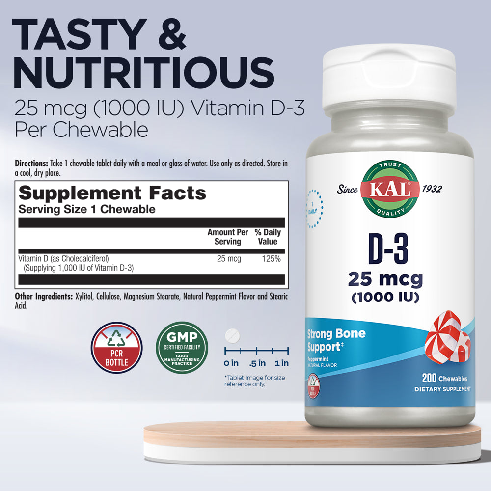 KAL Vitamin D-3 1000 IU Chewable | Peppermint Flavor | Healthy Immune Function & Bone Support | 200 Chews