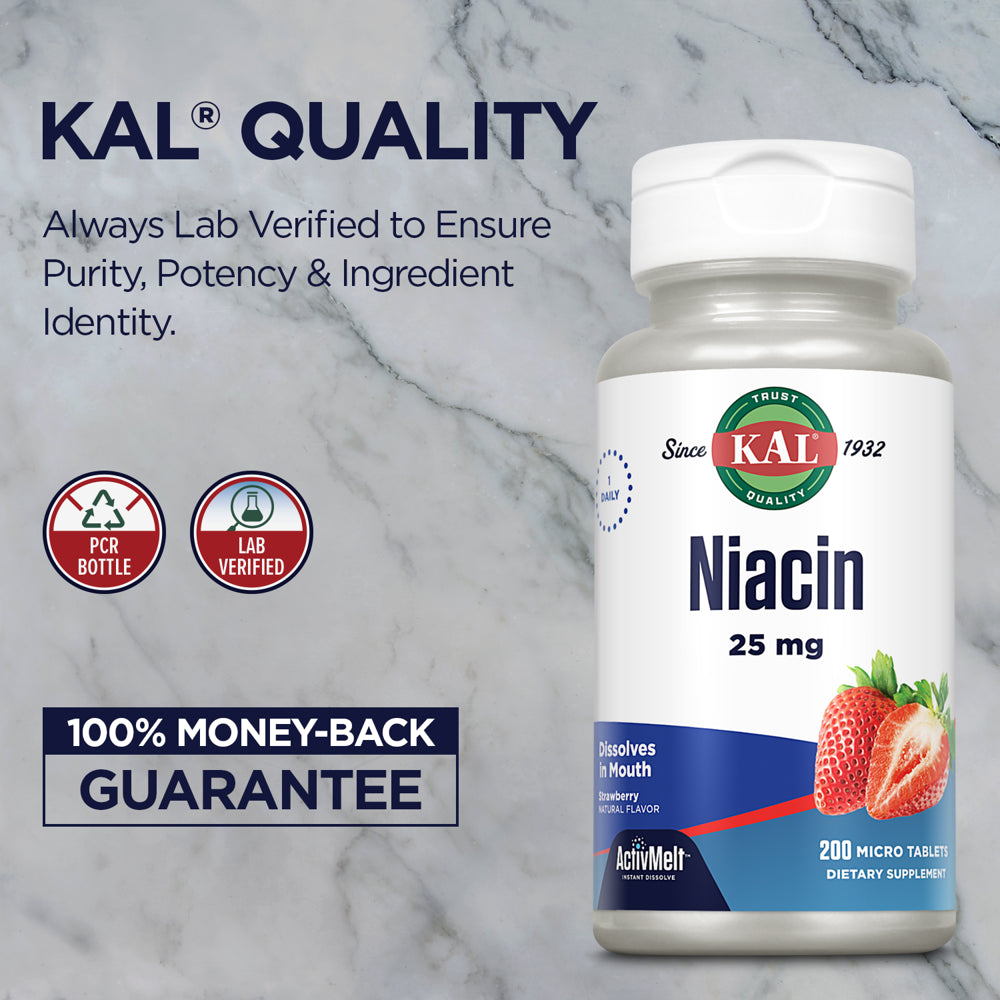 KAL Niacin 25 Mg Activmelt | Strawberry | One Daily | Healthy Metabolism, Skin, Nerve Support & More | 200 Micro Tablets