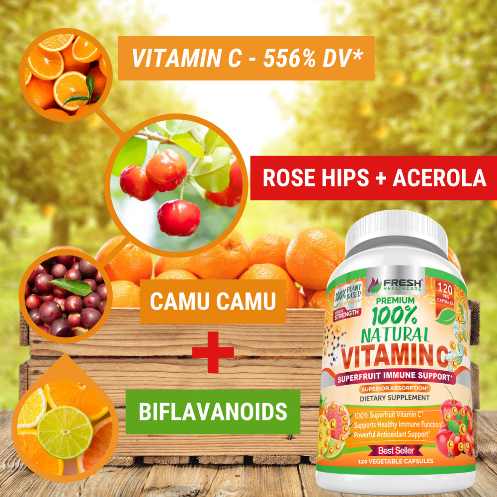 Natural Vitamin C - 100% from Rose Hips, Acerola Cherry and Camu Camu Superfruit 500Mg - High Absorption - Immune Support, Skin, Joint and Collagen Booster with Citrus Biflavanoids - 120 Capsules