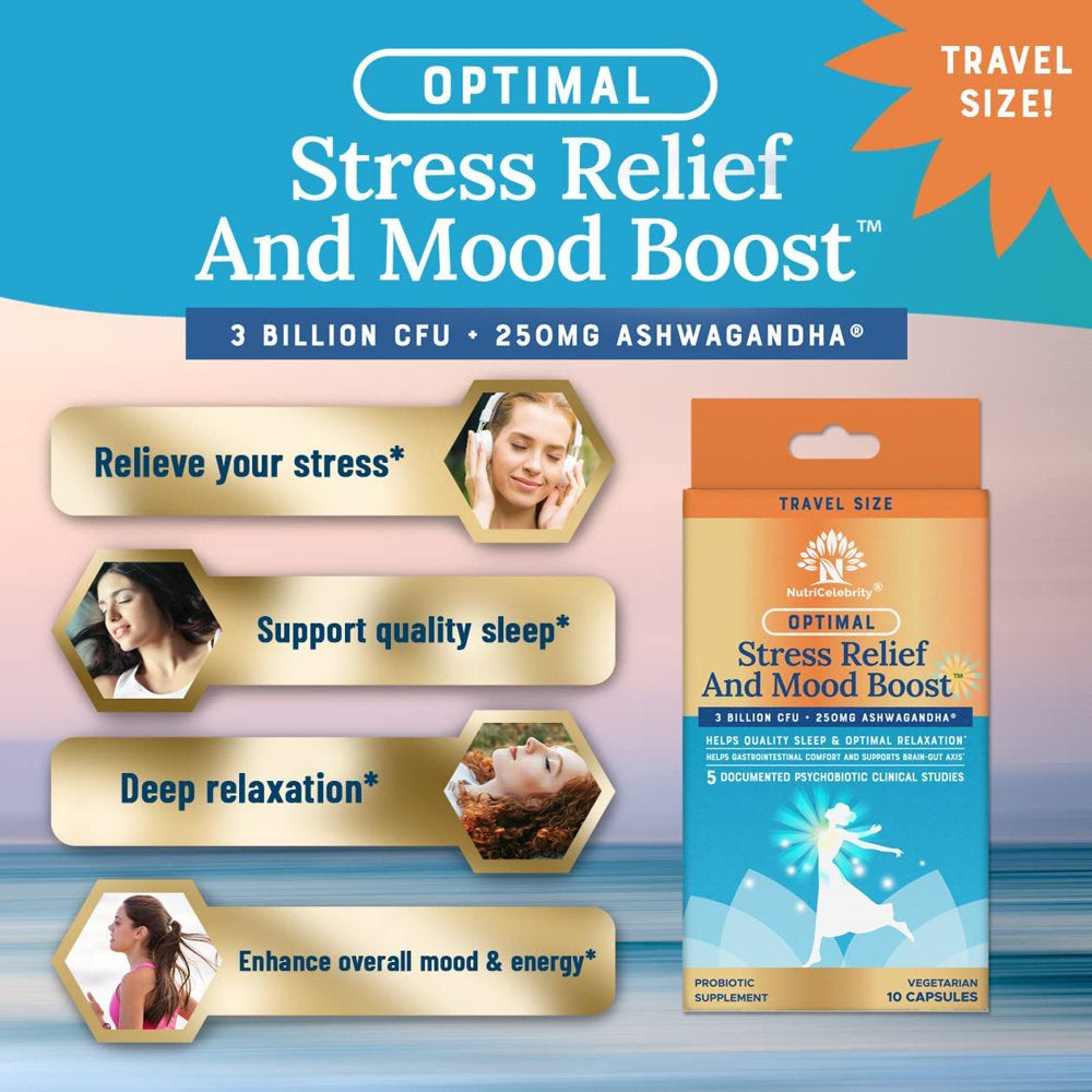 Nutricelebrity Optimal Stress Relief and Mood Boost Supplement Travel Size, Helps Support Restful Sleep, Relaxation, Comfort with Ashwagandha KSM-66 and Cerebiome Probiotic Blend 10 Vegetable Capsules