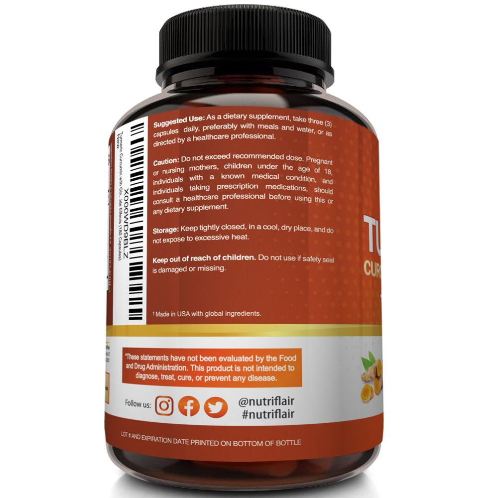 Turmeric Curcumin with Ginger and Bioperine Black Pepper Antioxidant Supplement, 180 Capsules - 100% Natural, Non-Gmo, Vegan Best Maximum Potency