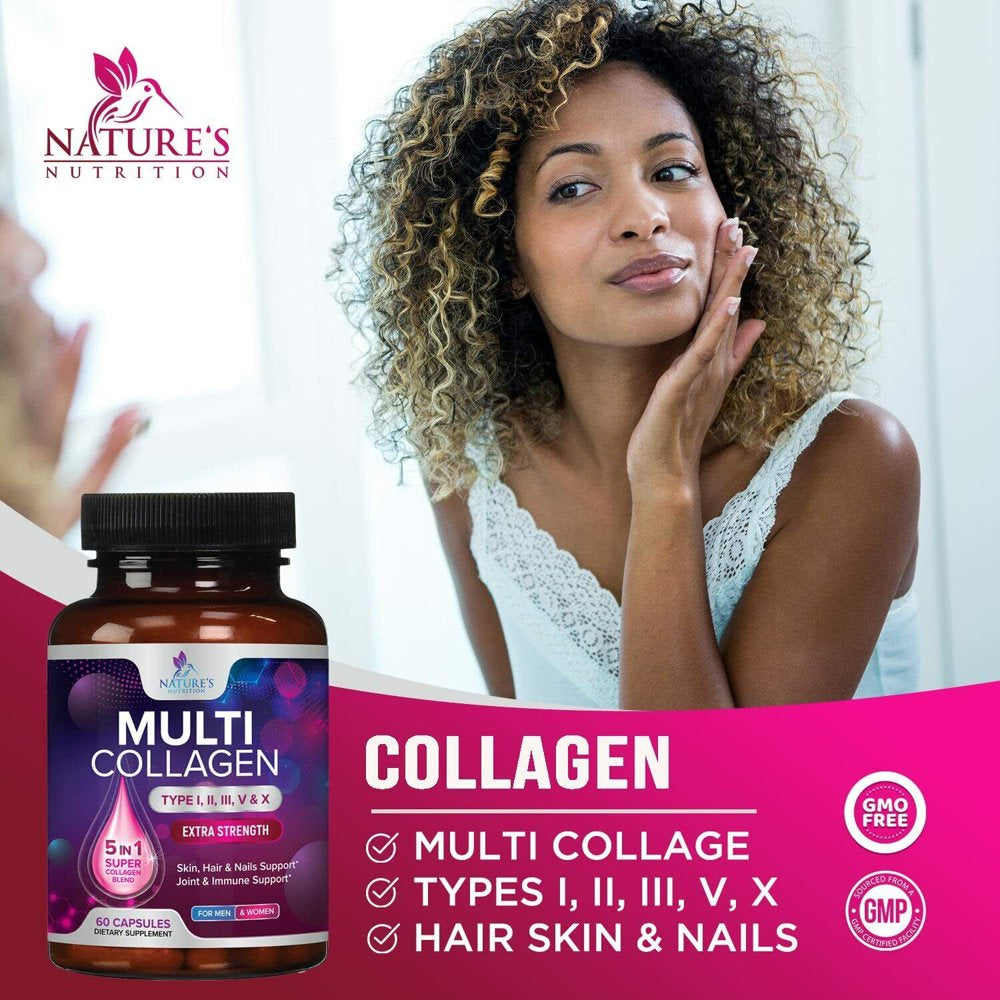 Collagen Peptides Pills 1000Mg Hydrolyzed Collagen Capsules (Types I,II,III,V,X) Size: 60 Capsules