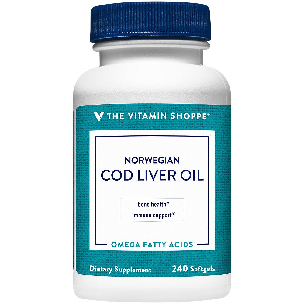 The Vitamin Shoppe Norwegian Cod Liver Oil, Natural Rich Source of Vitamins a & D, Natural Source of Omega-3S, Supports Heart & Brain Health (240 Softgels)