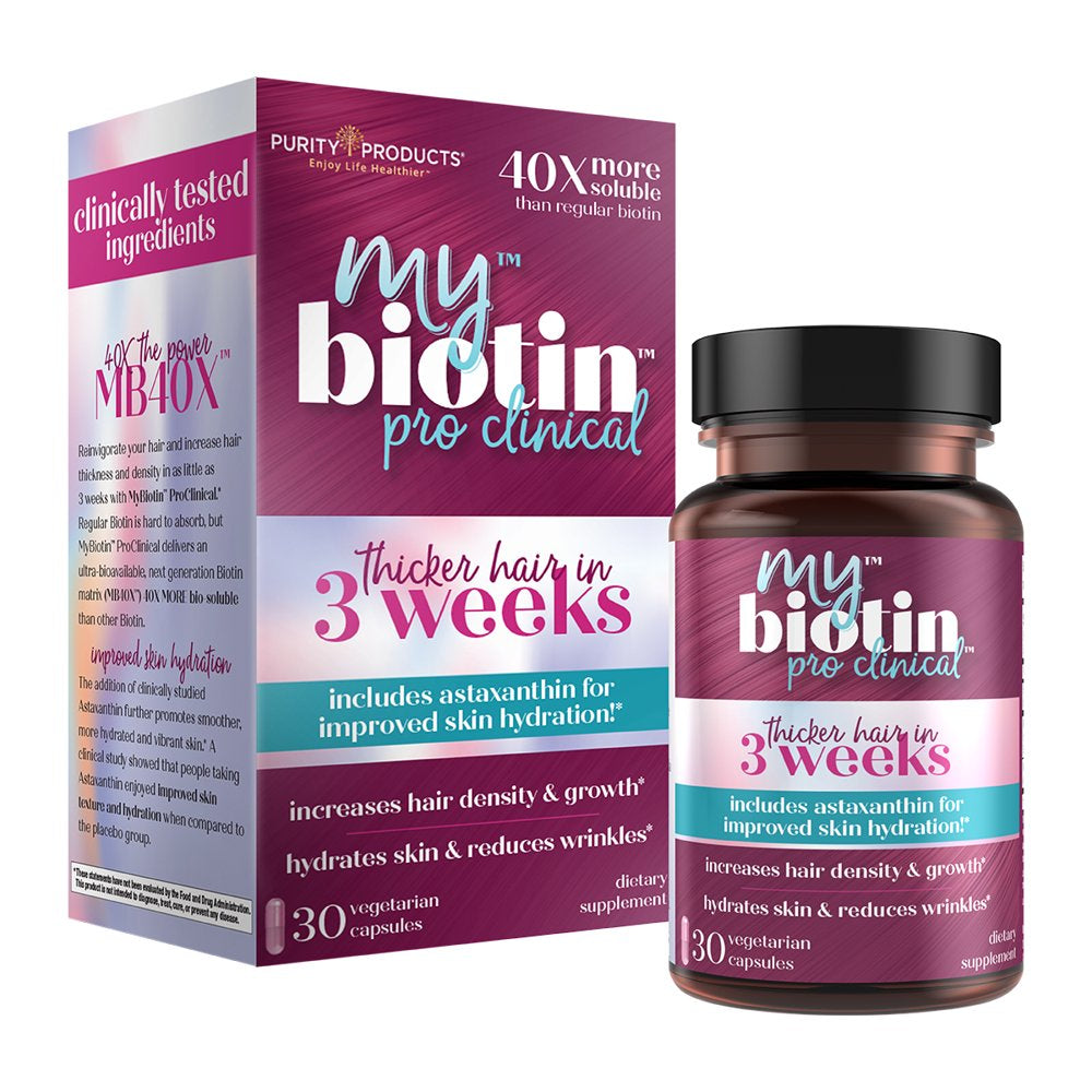 Mybiotin Proclinical W/ Astaxanthin - Purity Products - Thicker Hair in 3 Weeks - Patented Biotin Matrix - 40X More Soluble than Ordinary Biotin - Hair, Skin & Nails Super Formula - 30 Vegetarian Caps
