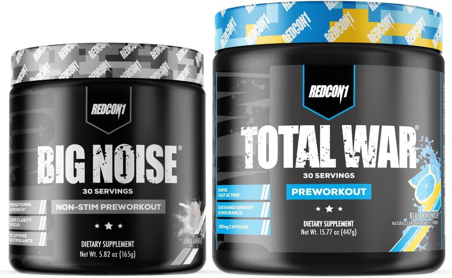 REDCON1 Total War Preworkout (Blue Lemonade) & Big Noise Non-Stim Preworkout Powder (Unflavored) Stack - Pre Workout Duo for Energy, Focus & Endurance - Keto (2 Products, 30 Servings Each)