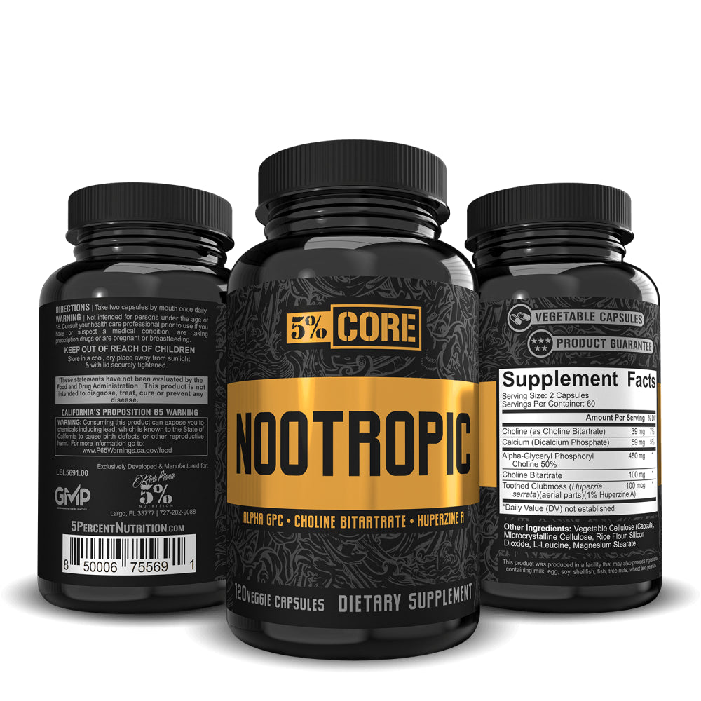 5% Nutrition Core Nootropic | Fundamental Focus & Cognitive Performance | Alpha GPC, Choline Bitartrate, Huperzine a | Non-Stim | (60 Servings / 120 Vegcaps)