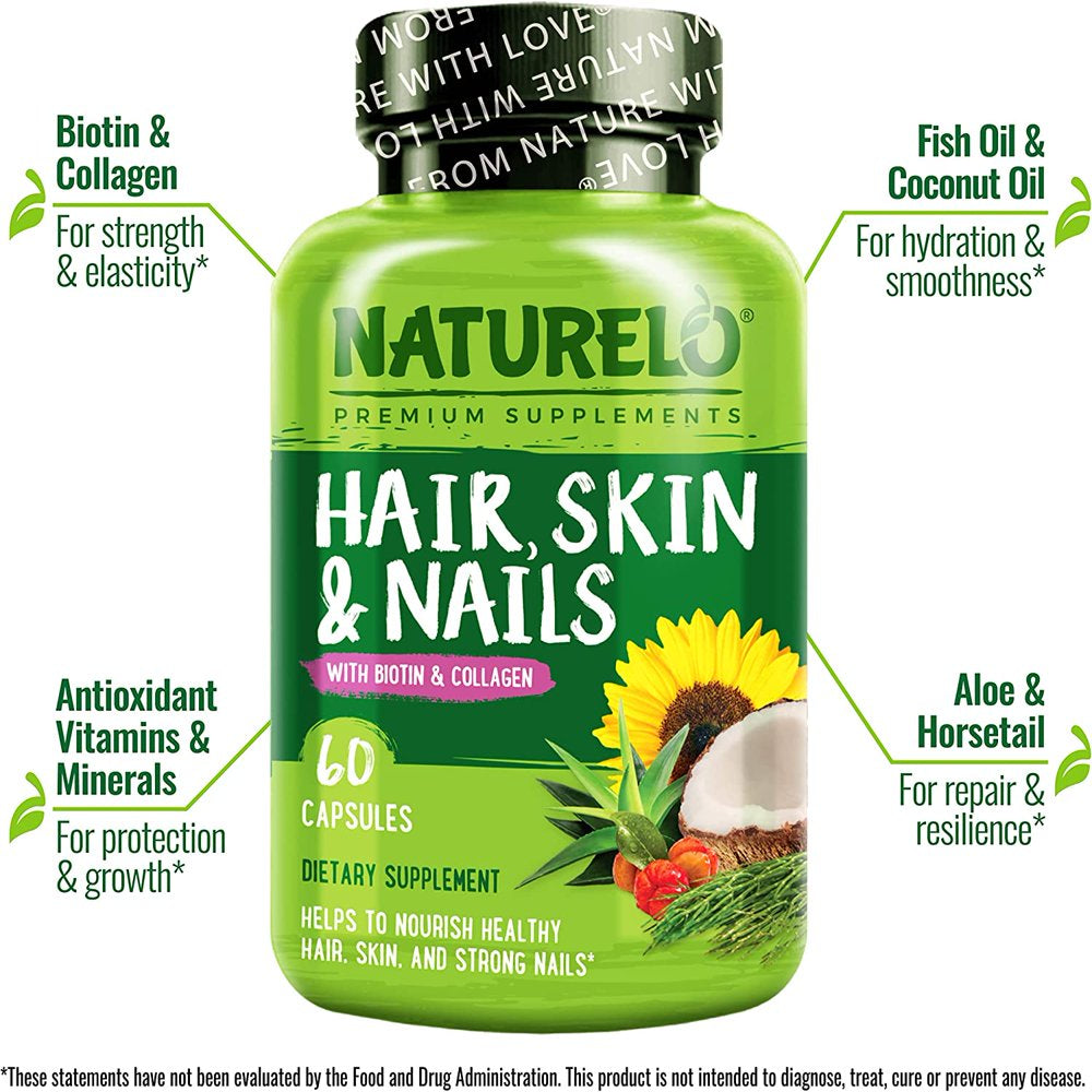 NATURELO Hair, Skin and Nails Vitamins - 5000 Mcg Biotin, Collagen, Natural Vitamin E - Supplement for Healthy Skin, Hair Growth for Women and Men – 60 Capsules