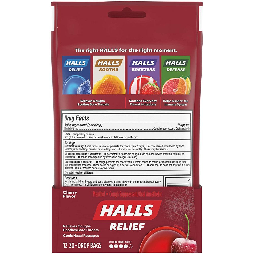 Halls Cherry Cough Drops - with Menthol - 180 Drops (20 Sticks of 9 Drops)