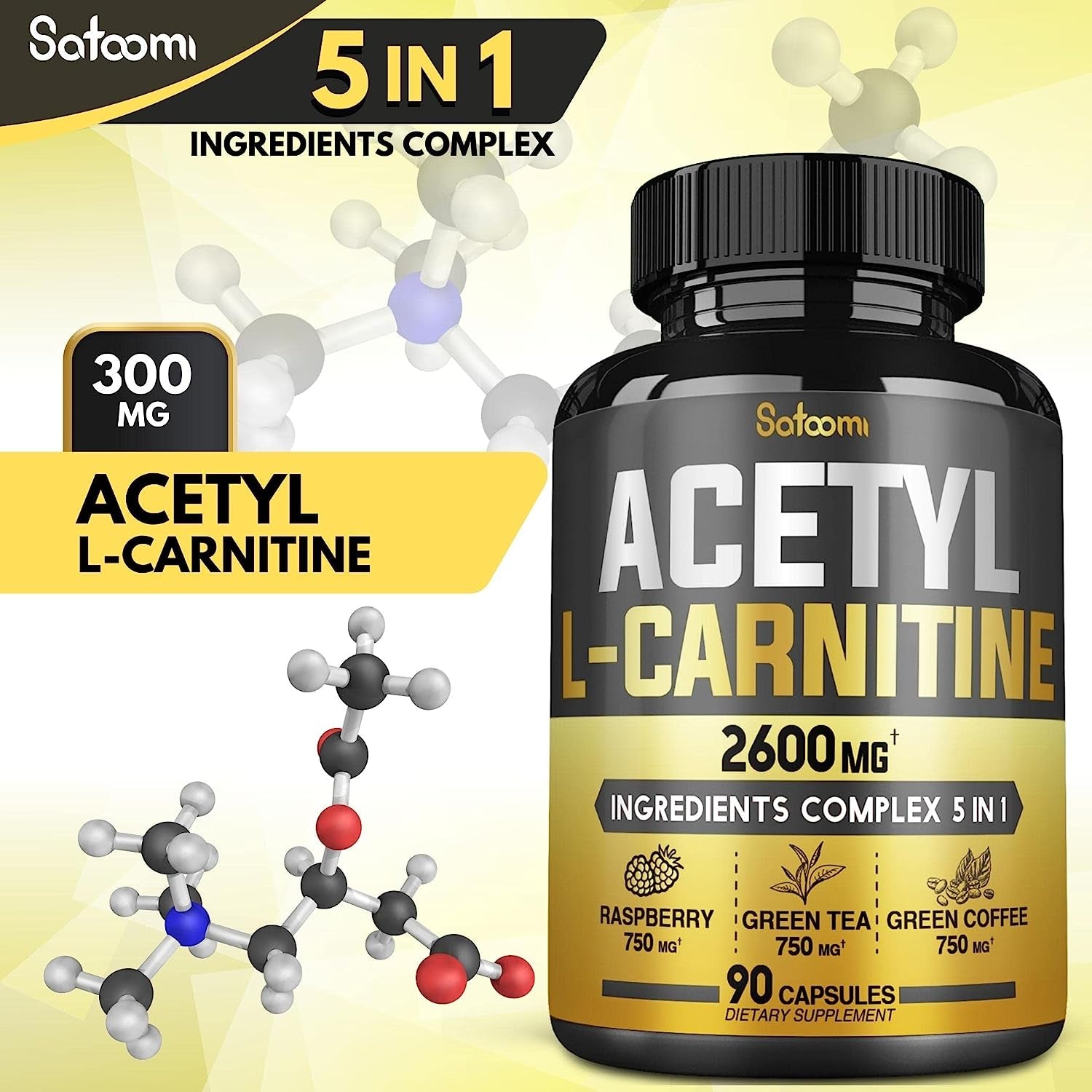 5In1 Acetyl L-Carnitine Complex Capsules - 2600Mg Daily - Body, Brain & Immune Health Support - Combined Alpha Lipoic Acid, Green Tea, Green Coffee Bean & Raspberry Ketones - 90 Counts for 3 Month