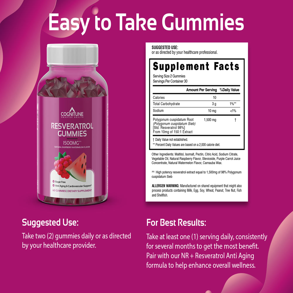 Resveratrol Gummies - Sugar Free Natural Raspberry Watermelon Flavor, 1500Mg Resveratrol Supplement for Heart, Brain, Immune Support & Wellness