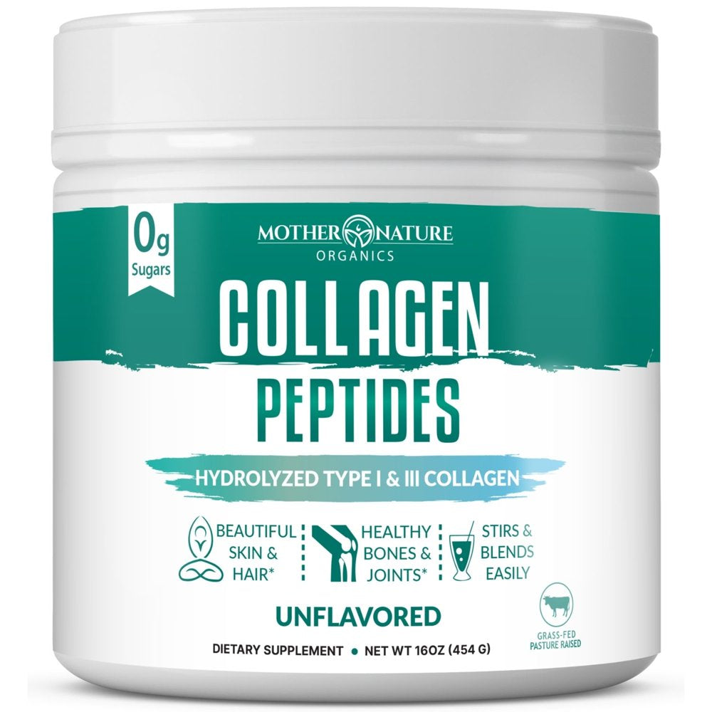 Mother Nature Organics Hydrolyzed Collagen Peptides Powder 1Lb, 10G Protein Serving, Type I-III