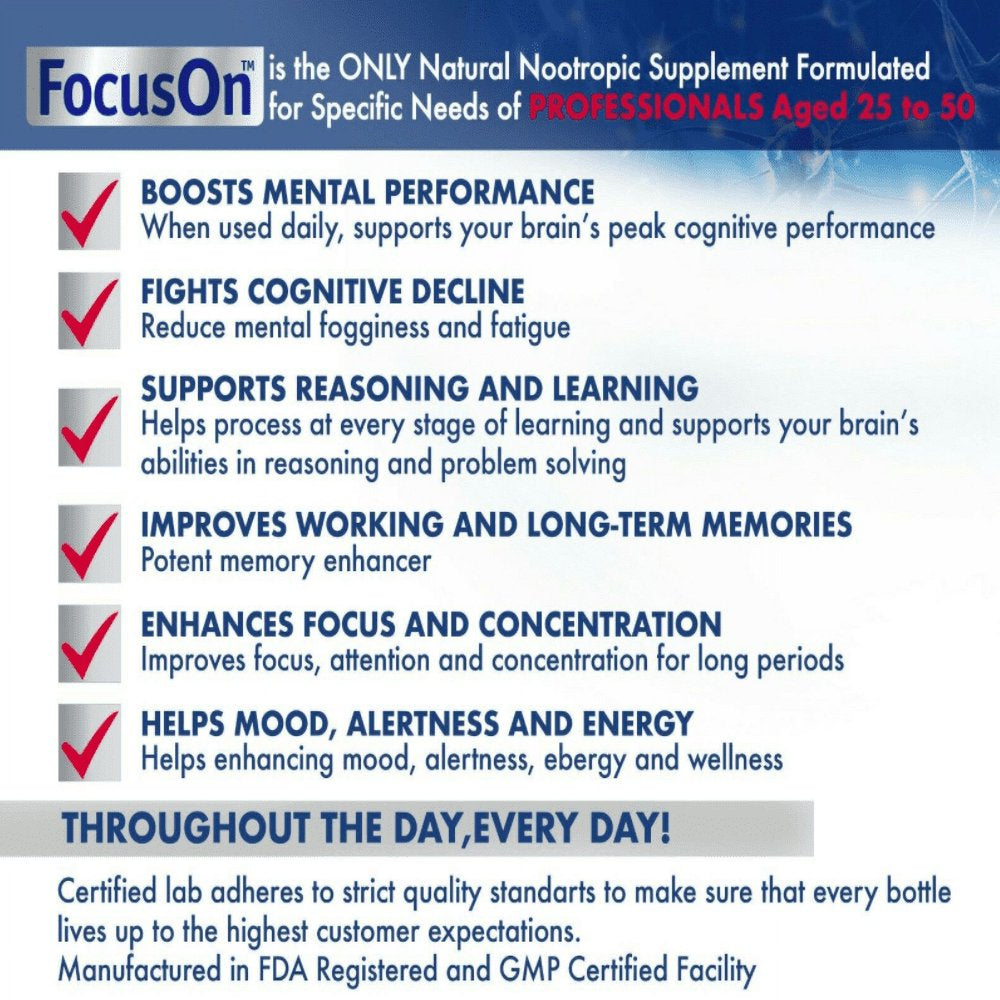 Focuson Brain Supplement Nootropics Booster Focus Memory Clarity